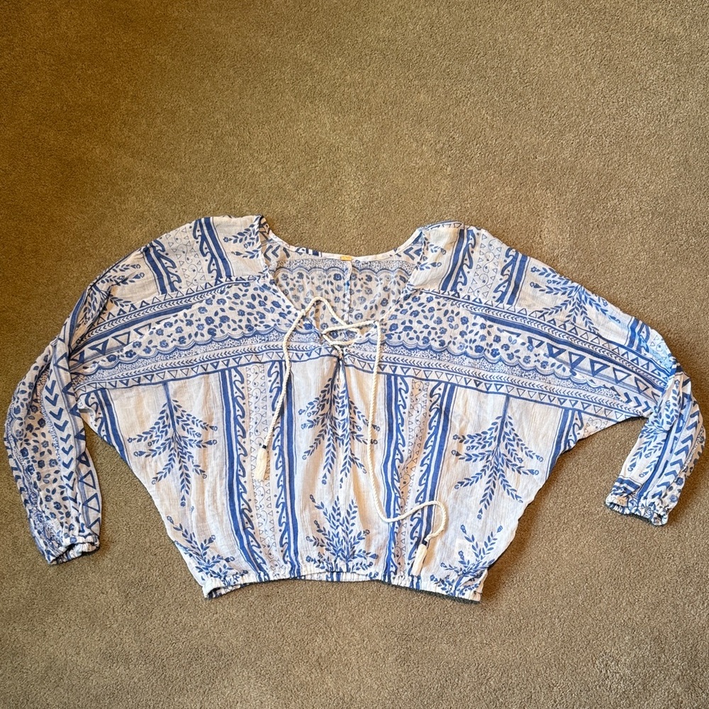 Free People Blue and White Bohemian Blouse